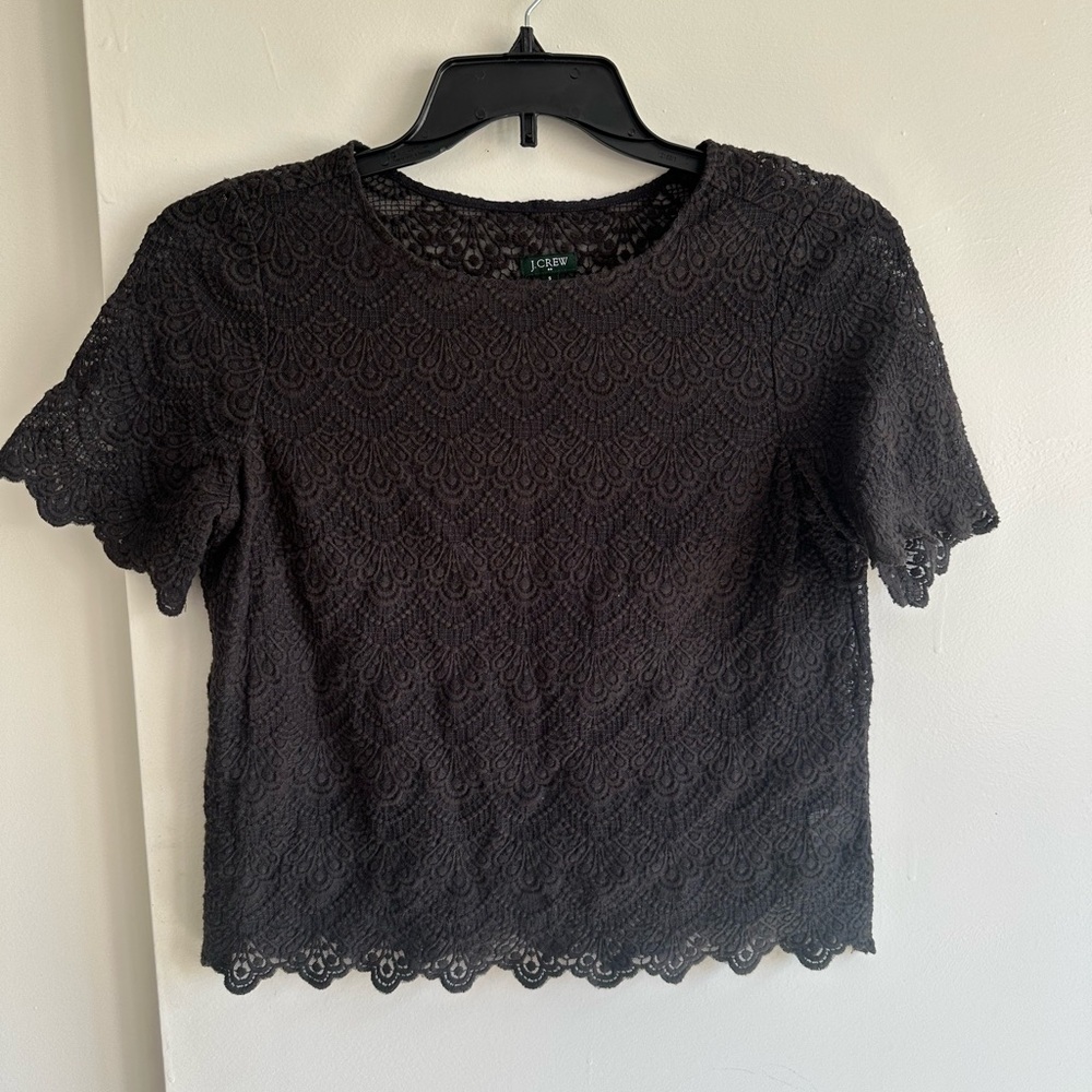 J. Crew Black Lace Short Sleeve Cropped Top